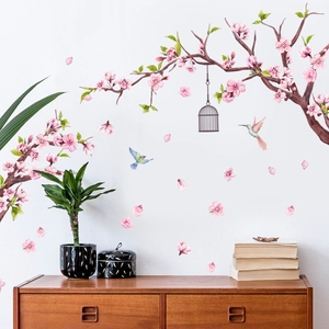 Vinilos Decorativos de Flores de Cerezo en Acuarela Rosa Floral Jaula de Pájaros Calcomanías Mural de PVC