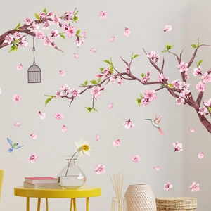 Pegatinas detalladas de flores de cerezo rosa con jaula y pájaros para la sala