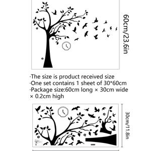 Black tree and birds silhouette wall decal with clock design for home wall decoration