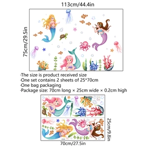 Stickers muraux sirène et animaux marins pour chambre d'enfant, format 113x75 cm