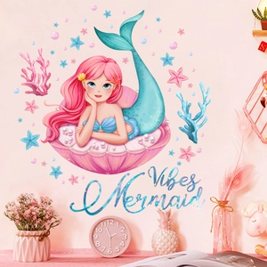 Mermaid Princess Undersea World PVC Wall Sticker Removable Waterproof Cartoon Mermaid Vibes Decor For Kids Room Nursery Bedroom