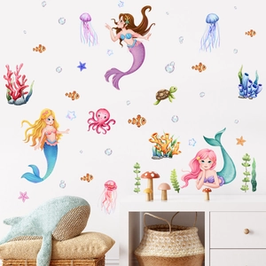 Stickers muraux sirène et créatures marines pour décoration de chambre d'enfant