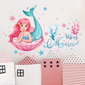Detail of mermaid princess wall sticker set with sea stars and mermaid vibes text