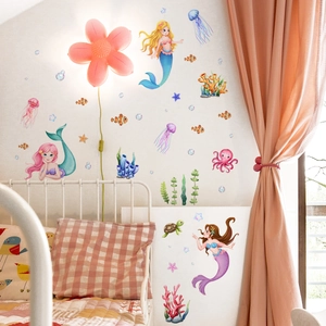 Stickers Muraux Monde Sous-Marin Princesse Sirène PVC Dessin Animé Animaux Océan Décor Pour Chambre Enfant Mur De Fond