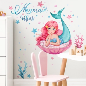 Cartoon mermaid princess wall stickers for kids room with Mermaid Vibes star fish decor