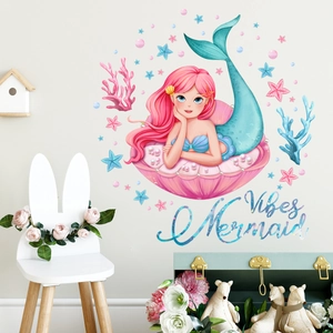 Mermaid Princess underwater world wall decal with shell and coral for kids room