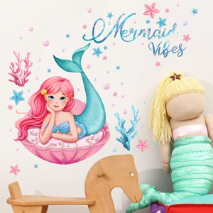 Mermaid princess wall decals with pink hair and shell for kids room nursery decor