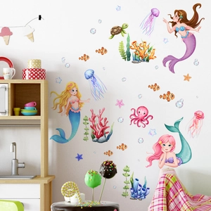 Stickers muraux sirène princesse avec animaux marins pour décor de chambre d'enfant