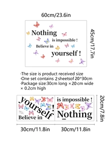 Detail showing self-adhesive wall decals with butterflies and motivational quote Nothing is impossible