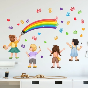 Cartoon rainbow wall stickers for kids room featuring children figures and colorful hearts