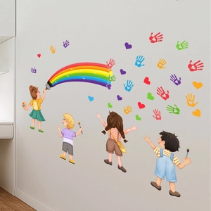Detailed view of colorful rainbow wall stickers with cartoon children for nursery decor