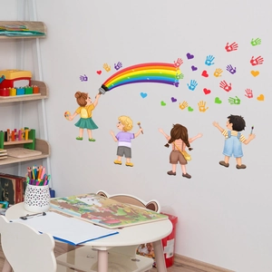 Cartoon Kids Rainbow Handprint Heart Wall Sticker Removable PVC Self-Adhesive Decor For Children's Bedroom Living Room