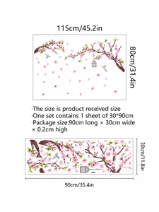 Vinilo decorativo de flores de durazno y jaula, guía de tamaño final de 115x80cm