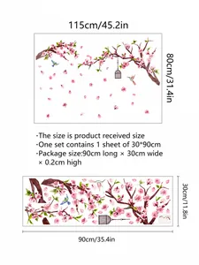 Vinilo decorativo de flores de durazno y jaula, guía de tamaño final de 115x80cm