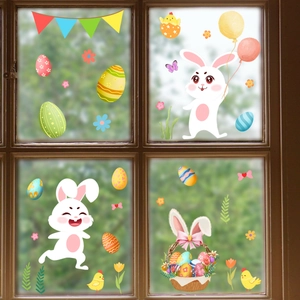 Easter bunny and colorful eggs static glass window stickers for festive home decoration