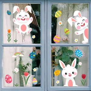 Ostern Fensterbilder Statische PVC Aufkleber Süße Hasen Eier Regenbogen Blume Für Glas Haus Schlafzimmer Wohnzimmer Dekoration