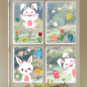 Osterhasen Wandaufkleber mit bunten Eiern, Tulpen und Regenbogen für die Fensterdeko