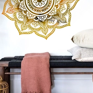 Golden mandala flower wall sticker with intricate geometric pattern for home decor