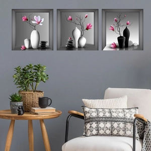 Adesivi murali 3D con fiori di magnolia rosa e vasi in ceramica in stile minimalista