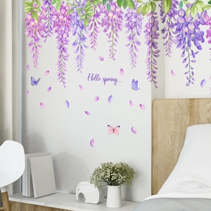 Wandtattoo mit lila Blauregen-Blumen und Schmetterlingen für Schlafzimmer-Wanddekoration