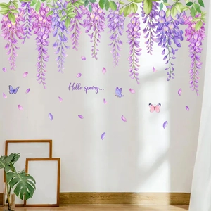 Lila Wisteria Wandaufkleber mit Aquarell-Schmetterlingen für Heimdekoration