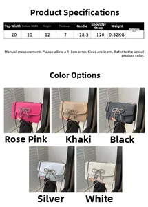 Detailed size chart and multi-color view of stylish PU crossbody bag with rhinestone bow