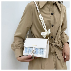 Contrast color tweed crossbody square bag with silk scarf strap and fashion logo