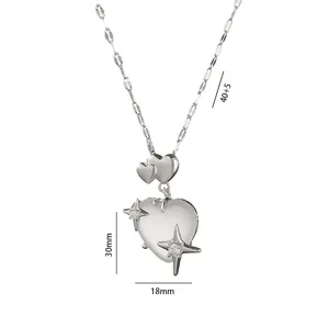 Silver cat eye heart pendant necklace with star cubic zirconia details and size specs