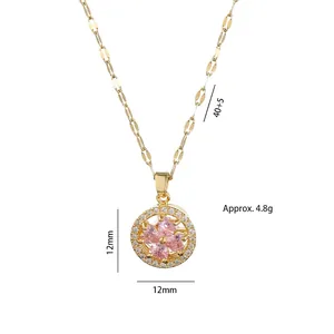 Gold titanium steel necklace with a micro-paved zircon rotating floral pendant