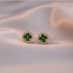 Orecchini A Lobo Ruotanti A Trifoglio Cuore Rame Placcato Oro 18K Zircone Verde Smeraldo Gioielli Stile Coreano Per Donna