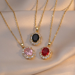 Elegant Titanium Steel Zircon Oval Pendant Necklace Gold Plated Small Gemstone Clavicle Chain For Women Party Jewelry