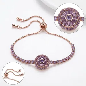Elegant rose gold adjustable bracelet with spinning purple sunflower zircon centerpiece