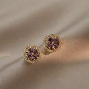 Élégantes Boucles D'Oreilles Cœur Rotatives En Zircon Violet Trèfle Strass Bijoux En Cuivre Pour Femmes Mode Niche
