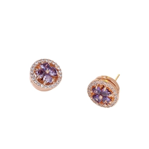 Boucles d'oreilles trèfle rotatives en cœur violet et or rose avec entourage diamant