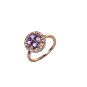 Rose gold adjustable ring featuring a spinning purple heart-shaped zircon flower design