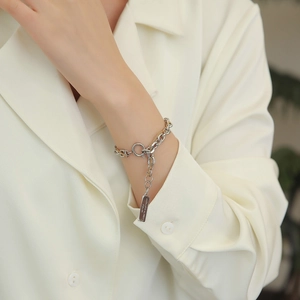 Titanium steel double layer mixed chain bracelet with OT buckle and rectangle tag