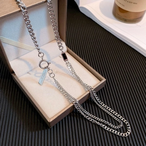 Double Layer Stainless Steel Necklace For Women Hip Hop Curb Chain Rectangular Pendant Silver Tone Punk Jewelry