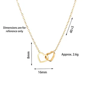 Minimalist gold double heart interlocking necklace with 40+5cm adjustable chain length