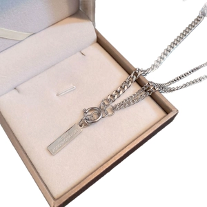 Double layered silver titanium steel chain necklace with rectangle pendant in jewelry box