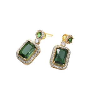 Elegant 18K gold emerald-cut green crystal drop earrings with white zircon accents