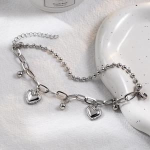 Heart Pendant Double Layer Bracelet Titanium Steel Round Beads Link Chain Adjustable Hip Hop Style For Women