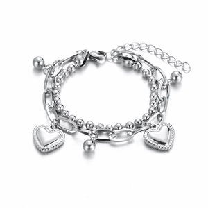 Double-layer silver stainless steel heart and bead chain bracelet with lobster clasp