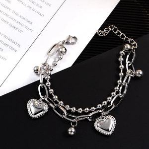 Double-layered silver titanium steel bracelet with heart pendants and bead chain