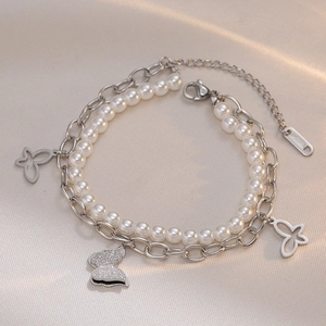 Double-layer stainless steel bracelet with white pearls and silver butterfly charms