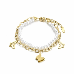 Double-layer stainless steel bracelet with butterfly charms and white pearls