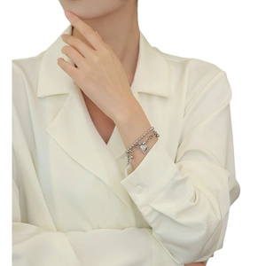 Minimalist double layer heart pendant bracelet set in silver punk hip hop style on wrist