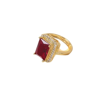 Adjustable gold plated ring with large rectangle red zircon and halo crystal border