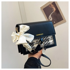 Contrast checkered crossbody bag with white satin bow and fashion bags gold lettering