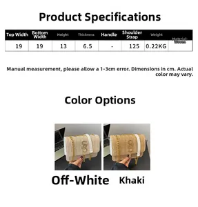 Size chart for woven crossbody bag showing dimensions 19x13x6.5 cm and material details