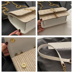 Detail view of woven straw crossbody bag with golden chain strap and tassel charm